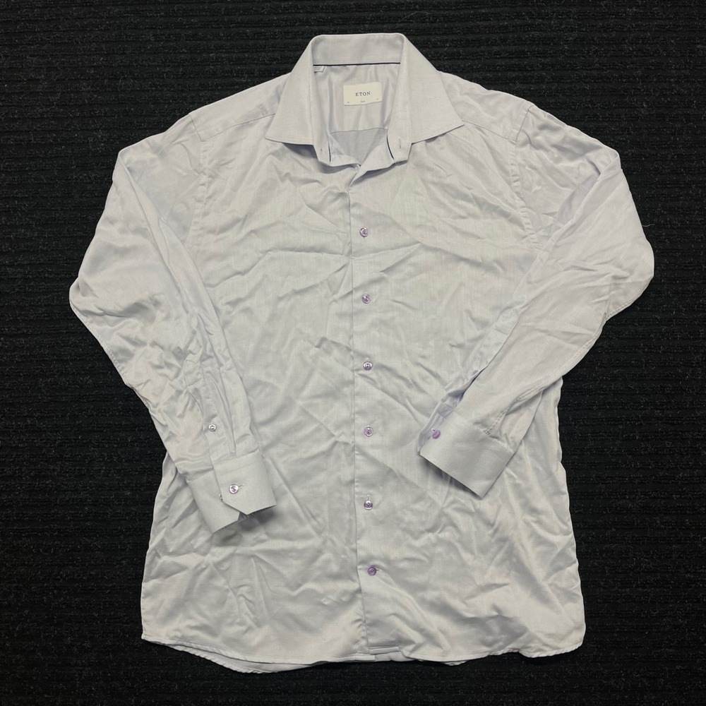 Eton Slim Fit Dress Shirt Light Blue Cotton Micro Pattern Size 17 43 Mens